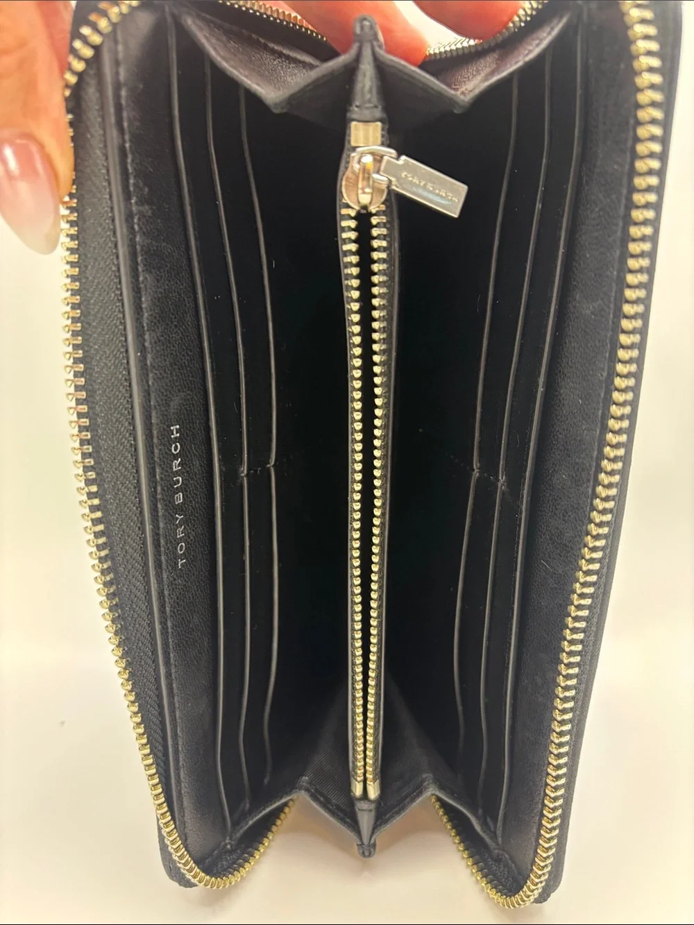 Tory Burch Black Quilted Zip Wallet with Silver Logo